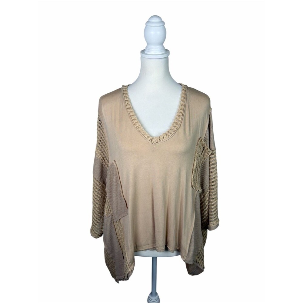 POL Boho Patchwork Tunic Top Medium Beige Crochet Lace Oversized Bohemian
